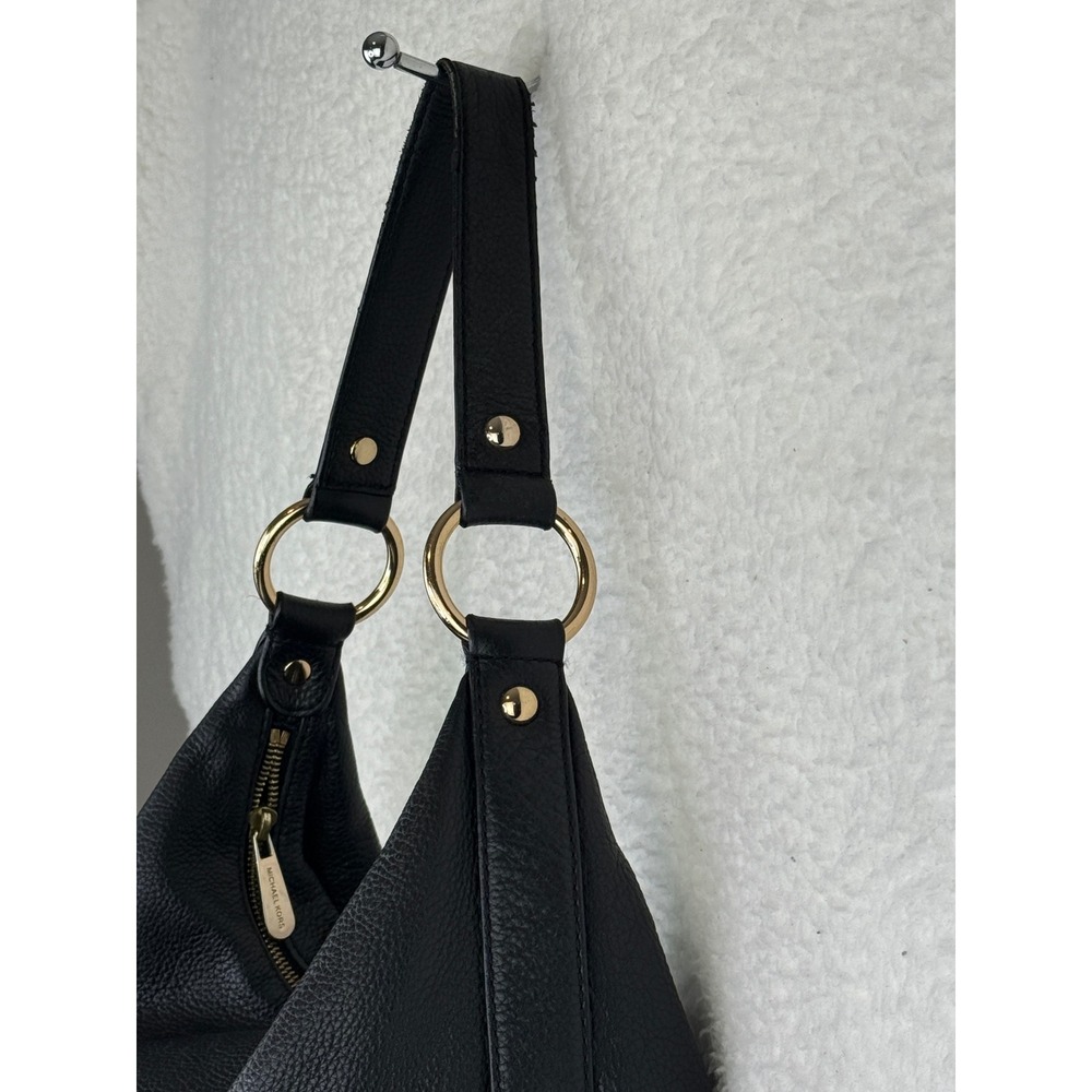 Michael Kors Fulton Hobo Bag Black Pebbled Leather Gold MK Logo Shoulder Bag - Picture 5 of 14